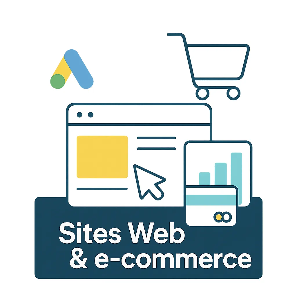 llustration stylisée dédiée à la création de sites web et e-commerce : navigateur, carte bancaire, icône panier et interface UI. Style moderne, épuré, fond foncé, texte blanc.