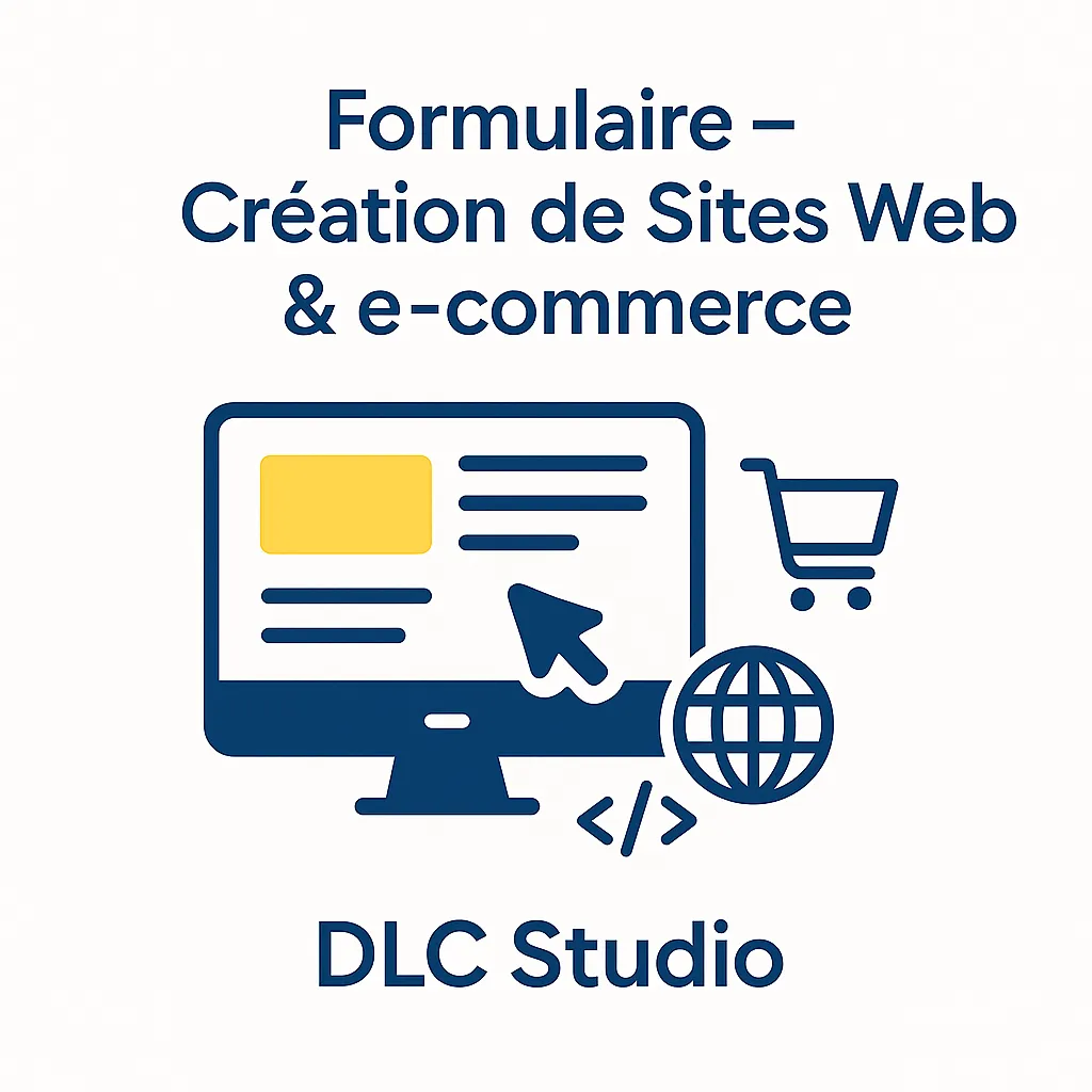 Illustration flat sur fond blanc avec un écran d’ordinateur affichant une maquette de site, un panier e-commerce et une icône globe, représentant le formulaire Création de Sites Web & e-commerce de DLC Studio.